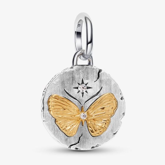 PANDORA 14ct Yellow Gold Plated Sterling Silver & Crystal Butterfly Medallion Charm 764803C01