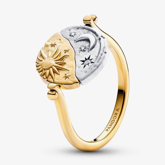 PANDORA 14ct Yellow Gold Plated Sterling Silver Sun & Moon Reversible Medallion Ring 164810C01