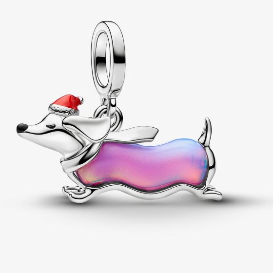 PANDORA Platinum Plated Christmas Dachshund Dangle Charm 734970C01