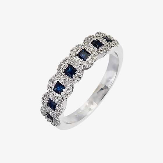 18ct White Gold Sapphire and Diamond Halo Half Eternity Ring 18DR244-S-W