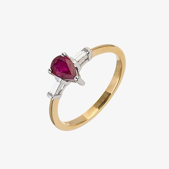 18ct Gold Pear Ruby and Baguette Cut Diamond Ring 18DR277-R-2C