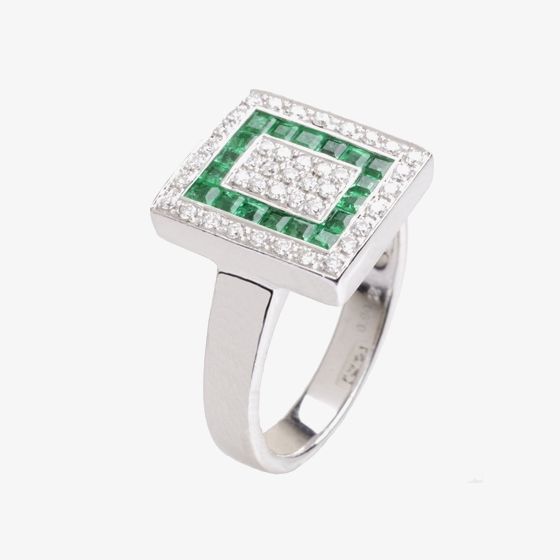 18ct White Gold Diamond Emerald Square Cluster Ring 18DR284-E-W