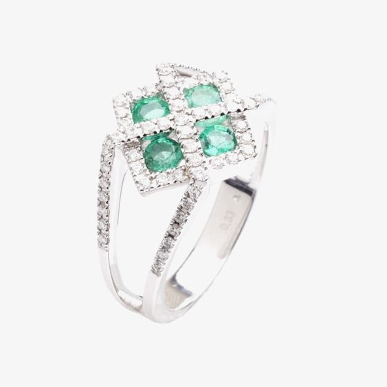 18ct White Gold Diamond Emerald Square Fancy Ring 18DR313-E-W