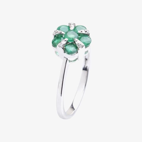 18ct White Gold Diamond Emerald Flower Ring 18DR348-E-W