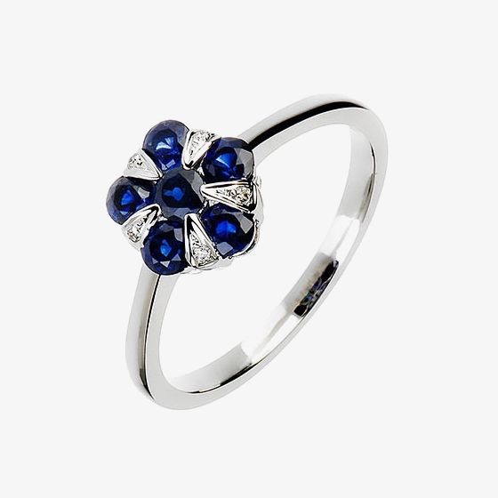 18ct White Gold Sapphire and Diamond Flower Cluster Ring 18DR348-S-W