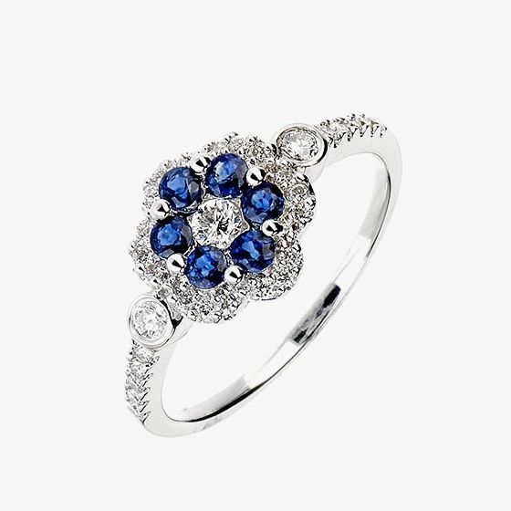 18ct White Gold Diamond Sapphire Flower Cluster Ring 18DR349-S-W