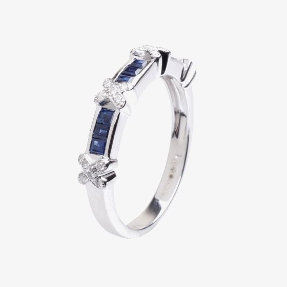 18ct White Gold Baguette Cut Sapphire Diamond Ring 18DR368-S-W