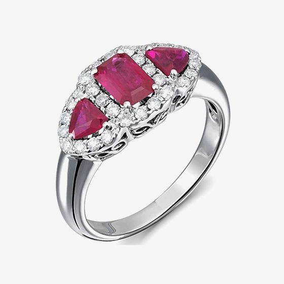 18ct White Gold Diamond Surrounded Triple Ruby Ring 18DR375-R-W