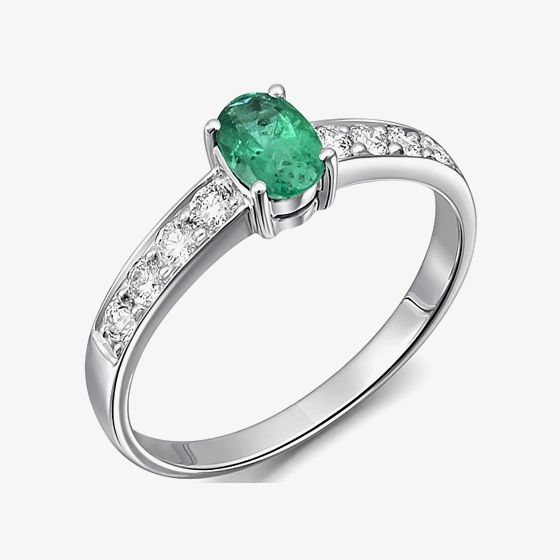 18ct White Gold Oval Emerald Diamond Shouldered Ring 18DR378-E-W