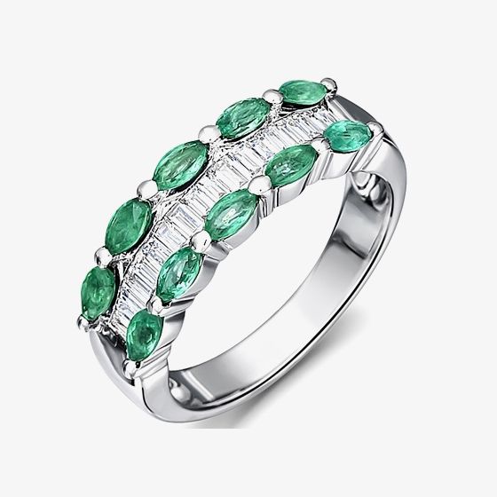 18ct White Gold Emerald Diamond Three Row Ring 18DR395-E-W