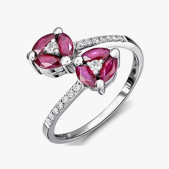 18ct White Gold Diamond Ruby Double Cross Over Ring 18DR412-R-W