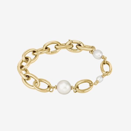 BOSS Leah Gold Tone Freshwater Pearl Chain Bracelet 1580507