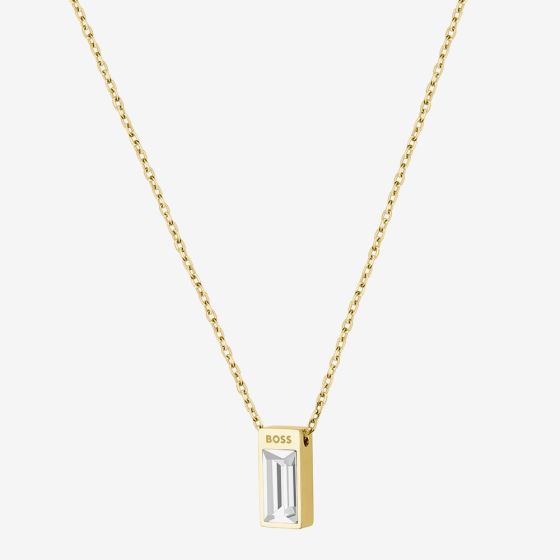 BOSS Clia Gold Tone Baguette Cut Crystal Necklace 1580409