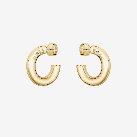 BOSS Gold Tone Crystal Logo Hoop Earrings 1580690