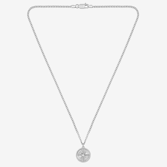 BOSS North Silver Tone Compass Pendant Necklace 1580841