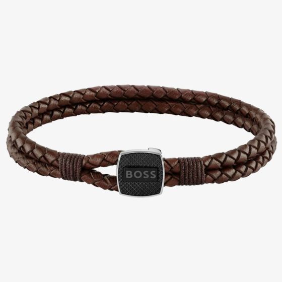 BOSS Seal Brown Leather Braided Bracelet 1580048M
