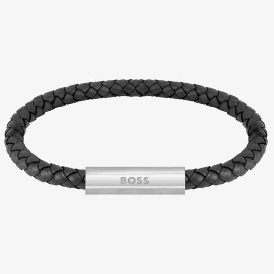 BOSS Mens Black Braided Leather & Stainless-Steel Bracelet 1580152