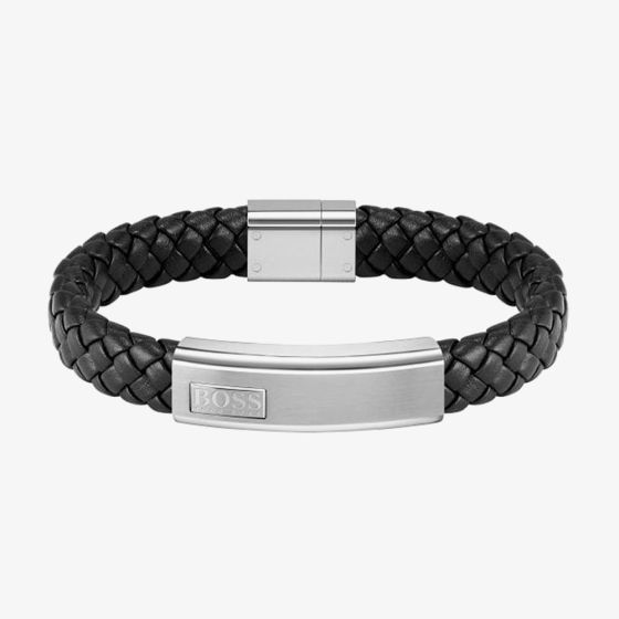 BOSS Lander Black Leather Braided Logo Bracelet 1580178M