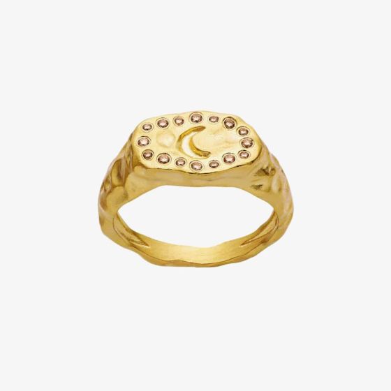 Maanesten Demi Gold Plated Moon Hammered Oval Signet Ring 4808A