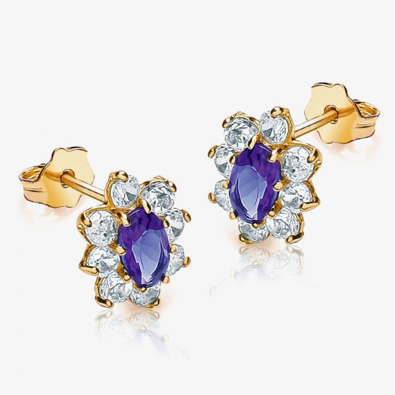 9ct Yellow Gold Purple Crystal Flower Stud Earrings 1.58.5629