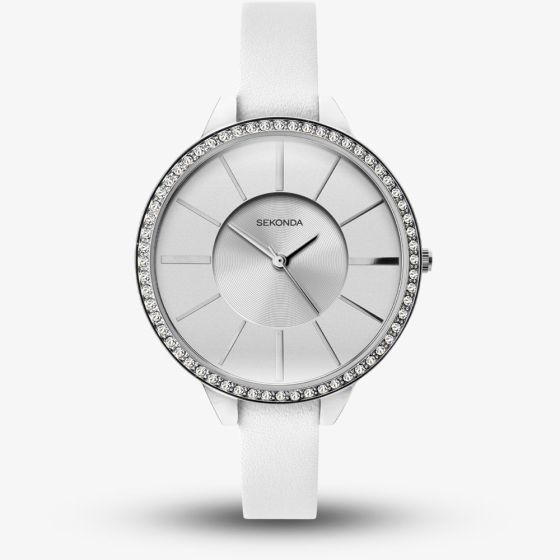Sekonda Ladies White Crystal Set Leather Strap Watch 40002