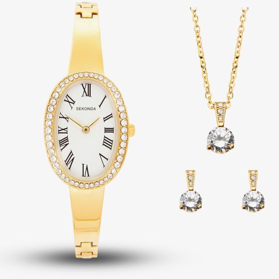 Sekonda Ladies Classic Bellamy Oval Dial Gold Plated Stainless Steel Bracelet Watch Earrings + Necklace Gift Set 49078
