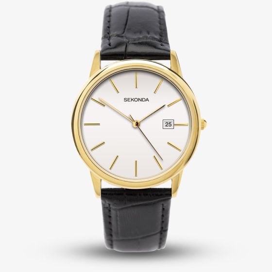Sekonda Mens Gold Tone Black Leather Strap Watch 1718