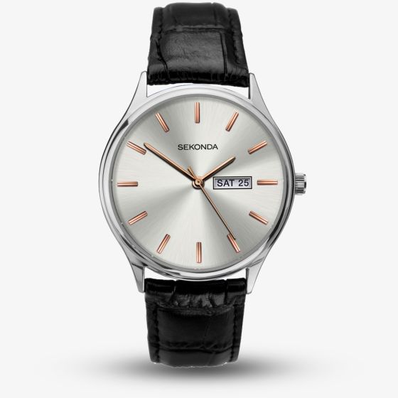 Sekonda Black Leather Silver and Rose-Gold Dial Strap Watch 1686