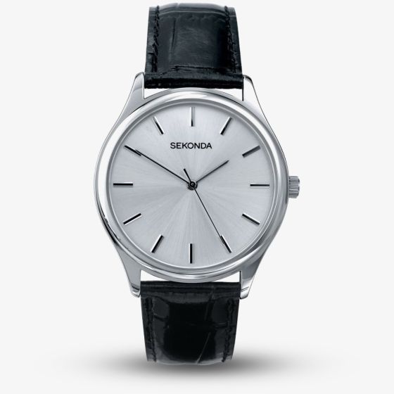 Sekonda Classic Silver & Black Leather Strap Watch 3099