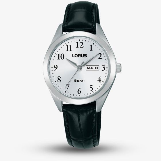 Lorus Ladies White Dial Day Date Black Leather Strap Watch RN807AX9