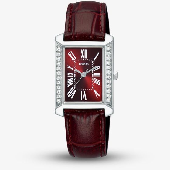 Lorus Ladies Rectangular Red Dial Leather Strap Watch RG239YX9