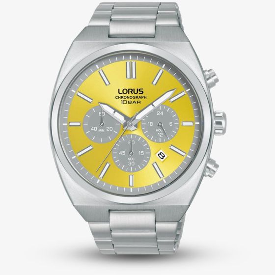 Lorus Mens Multisports Chronograph Silver Tone Yellow Watch RT367KX9