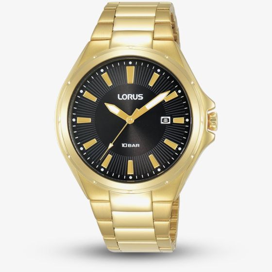 Lorus Mens Radiant Gold Tone Black Sunray Watch RH946PX9
