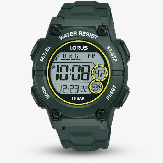 Lorus Mens Digital Dark Green Rubber Strap Watch R2333PX9