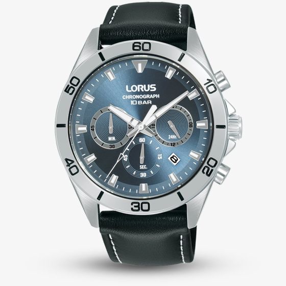 Lorus Mens Grey Blue Sunray Chronograph Leather Strap Watch RT341KX9