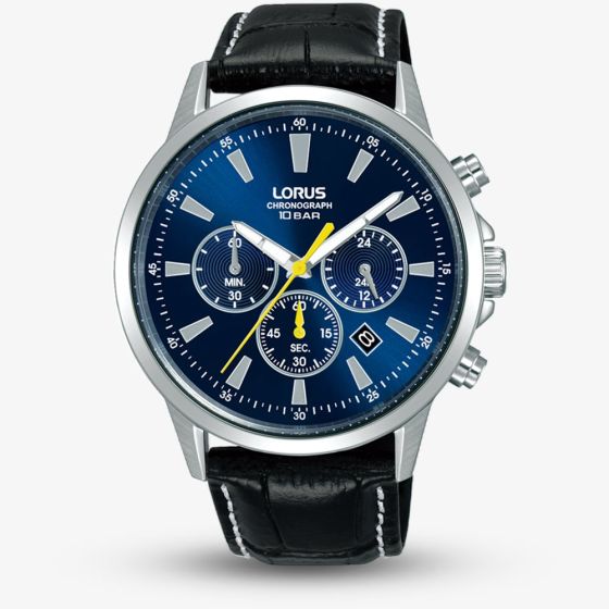 Lorus Mens Blue Yellow Accents Chronograph Leather Strap Watch RT317LX9