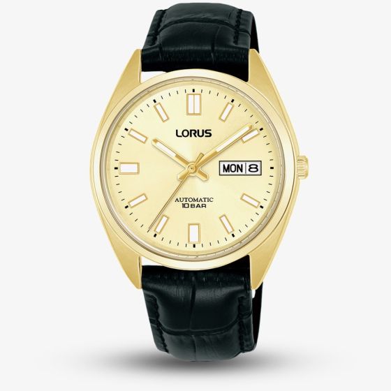 Lorus Mens Champagne Dial Day Date Black Leather Strap Watch RL436CX9