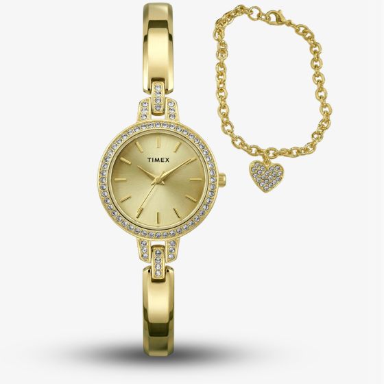 Timex Ladies Aveline Gold Tone Crystal Watch & Heart Bracelet Gift Set TWG067900