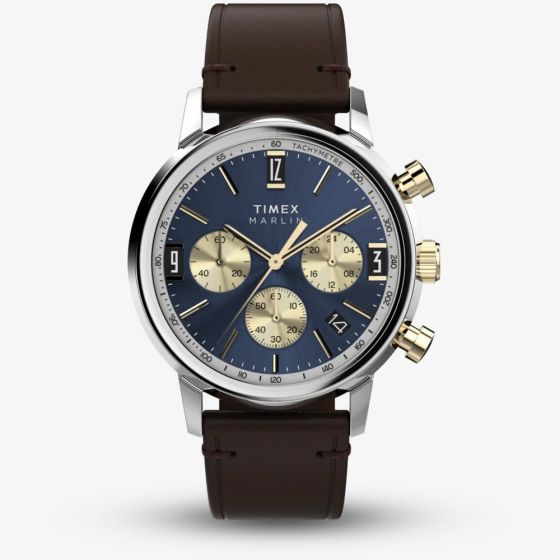 Timex Mens Marlin Blue Two Tone Brown Leather Watch TW2W60400
