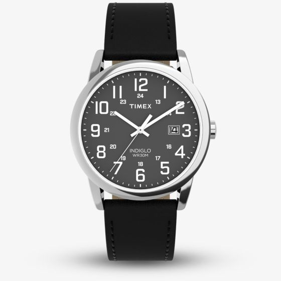 Timex Mens Easy Reader Black Dial Black Leather Strap Watch TW2Y12800