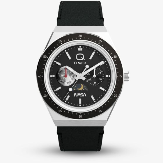 Timex x NASA Mens Q Space Black Leather Strap Watch TW2Y56800