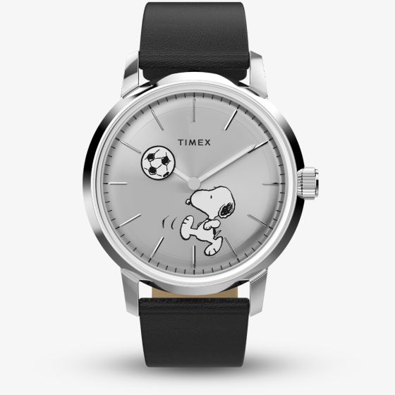 Timex x Peanuts Mens Marlin Snoopy Soccer Black Leather Strap Watch TW2Y53800