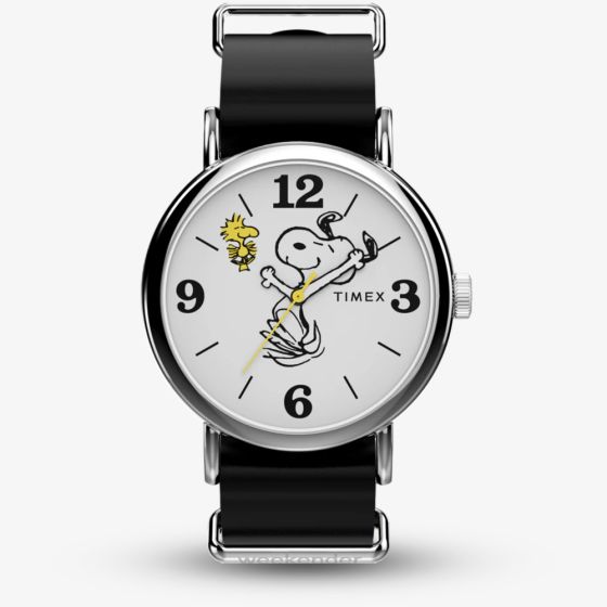 Timex x Peanuts Weekender Snoopy Black Leather Strap Watch TW2Y60900