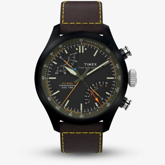Timex Mens Waterbury Ace Fly-Back Chronograph Brown Leather Strap Watch TW2Y70100