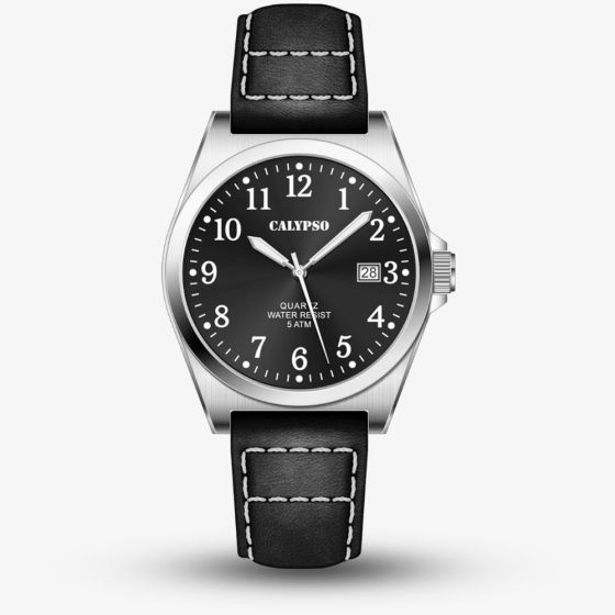Calypso Mens Black Leather Strap Watch K5868/4