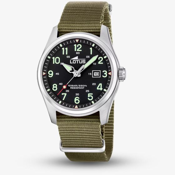 Lotus Mens Minimalist Black Dial Green Fabric Strap Watch L19055/4