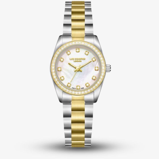 Lee Cooper Ladies White Mother of Pearl Crystal Dial Two Tone Bracelet Watch LC08155.220