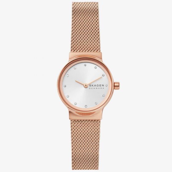Skagen Ladies Freja Rose Gold Plated Sunray Crystal Set Dial Mesh Strap Watch SKW2665