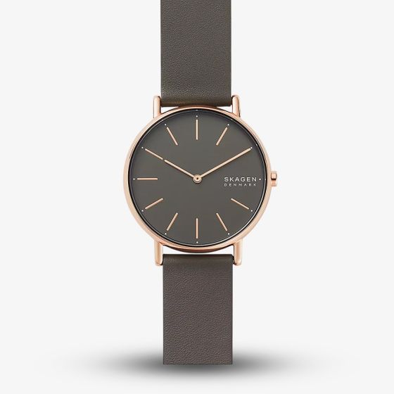 Skagen Unisex Signatur Grey Leather Strap Watch SKW2794