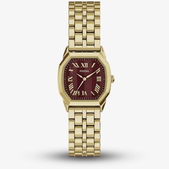 Fossil Ladies Harlow Red Octagon Dial Golden Bracelet Watch ES5511